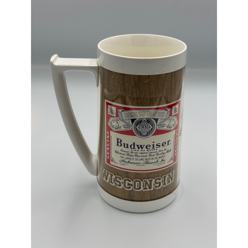 Vintage Budweiser Wisconsin Beer Stein Bucky Badger Wood Grain Plastic Mug 3